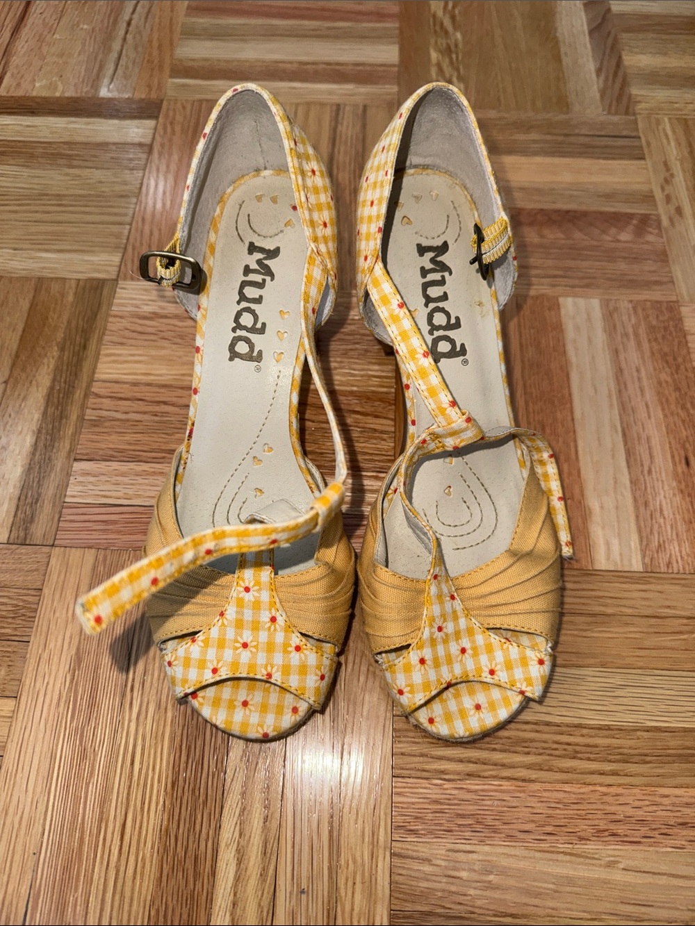 Mudd Yellow Plaid Peep-Toe Heels with Ankle Strap